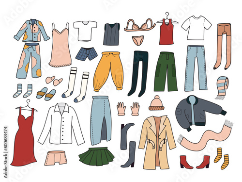 Big hand drawn set with casual clothes in line doodle style, isolated vector illustration