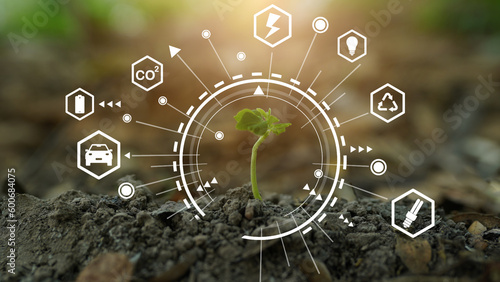 seedling in the soil. eco renewable energy icon green background