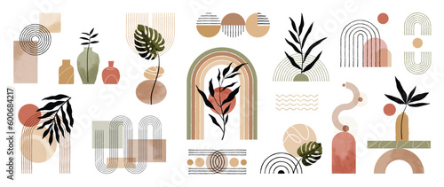 Hand drawn abstract minimal element mid century vector set. Aesthetic contemporary stripe line art, watercolor geometric shapes in earth tone. Art form design for wall art, decoration, wallpaper.