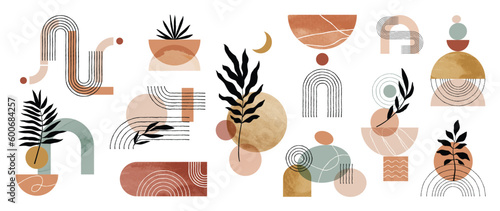 Hand drawn abstract minimal element mid century vector set. Aesthetic contemporary stripe line art, watercolor geometric shapes in earth tone. Art form design for wall art, decoration, wallpaper.