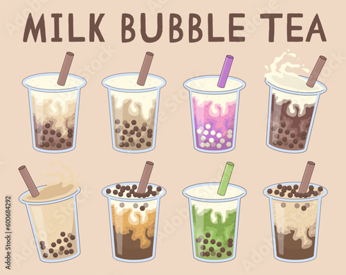 Bubble tea set. Boba or pearl milk tea of different flavours. Cold summer