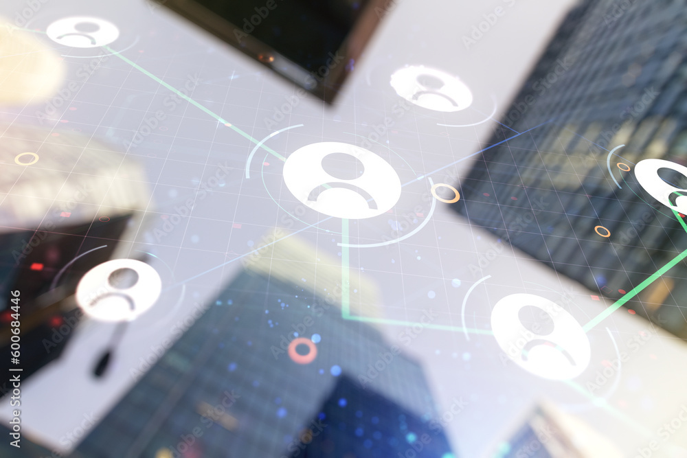 Double exposure of abstract virtual social network icons on modern skyscrapers background. Marketing and promotion concept Double exposure of abstract virtual social network icons on modern skyscrapers background. Marketing and promotion concept