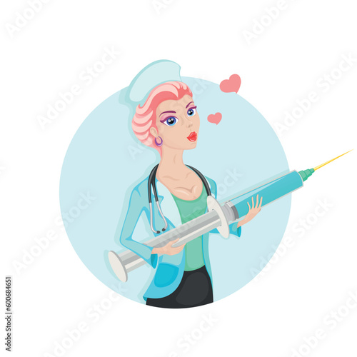 he doctor is ready to carry out prompt vaccination, medicine, hospital, vaccine, syringe, health, injection, girl, woman, beautiful, vector, illustration, colored, background, nurse
