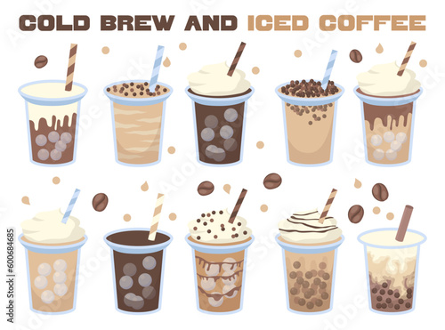 Iced coffee set. Cold brew beverages with straw. Energetic tasty