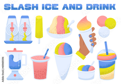 Slashy ice and drink set. Frozen summer sweets with different flavors.