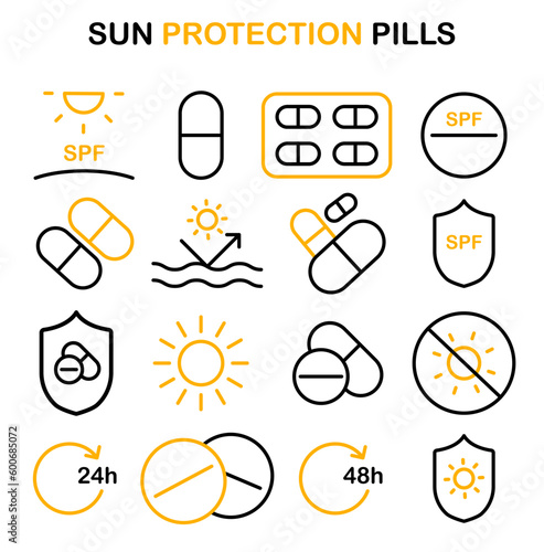 Sun protection pill set. Sunscreen medecine build resistance from UV photo