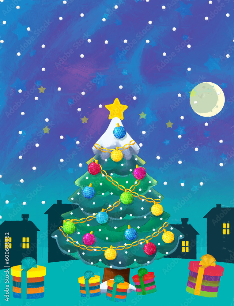 cartoon happy scene with christmas tree - illustration for children