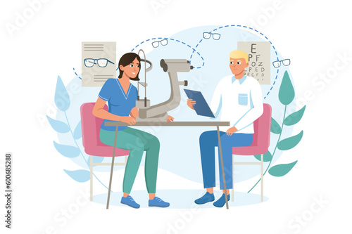 Ophthalmologist appointment medicine concept with people scene in the flat cartoon style. A woman came to see an ophthalmologist to check her vision. Vector illustration.