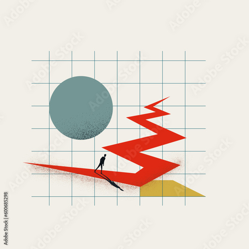 A businessman walks zig zag path towards horizon in this minimalist vector illustration symbolizing ambition and growth.