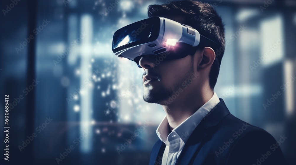virtual reality glasses. Young businessman in virtual reality glasses. Business project for a startup. Generative ai. virtual reality glasses. Young businessman in virtual reality glasses. Business project for a startup. Generative ai.