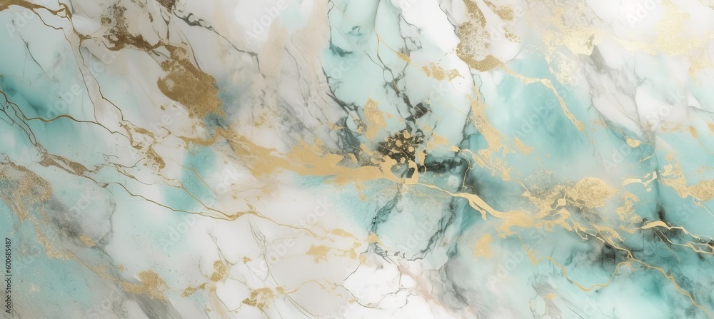 Luxury marble stone texture background design. Soft white aqua gold colors. Generative AI technology.
