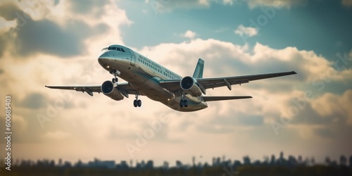 Plane flying on blue sky background. Generative AI