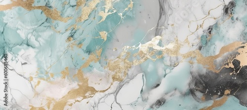 Marble stone texture background design. Soft white aqua gold colors. Generative AI technology.