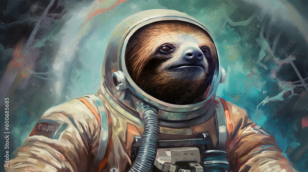 Astronaut sloth in spacesuit illustration, AI generated 