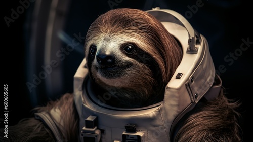 Cute astronaut sloth in spacesuit in surrealistic illustration, AI generated 