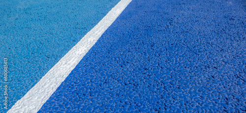 Sport field court background. Blue rubberized and granulated ground surface with white lines on ground. Top view