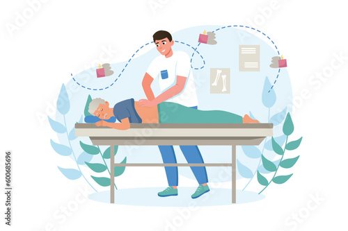 Medical massage medicine concept with people scene in the flat cartoon style. The doctor massages the patient to reduce his back pain. Vector illustration.