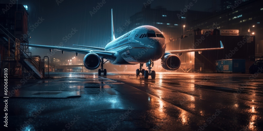 Plane on airport runway at night with cityscape glowing light background. Generative AI Plane on airport runway at night with cityscape glowing light background. Generative AI