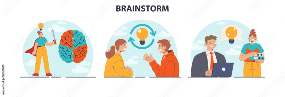 Brainstorm set. New idea generation in teamwork discussion. Creative character