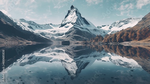 a beautiful composite mountain lake in the morning mist.nature with coniferous forest, rocky peaks and sky. the surface of the water reflects the beauty of the exquisite landscape. Generative AI