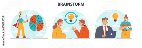 Brainstorm set. New idea generation in teamwork discussion. Creative character © inspiring.team