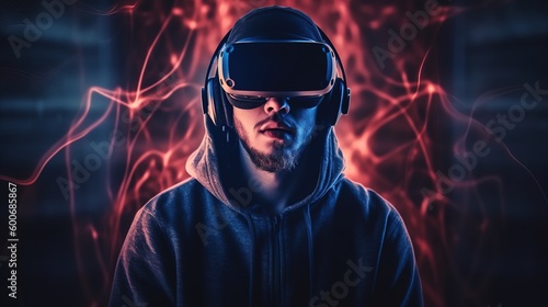 Future digital technology metaverse game and entertainment, Teenager having fun play VR virtual reality goggle, sport game 3D cyber space futuristic neon colorful background. Generative AI