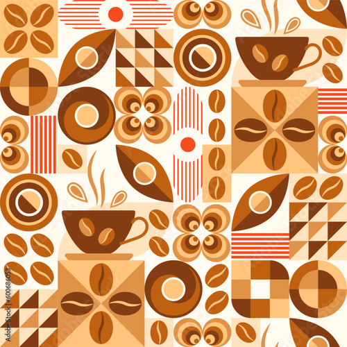 Coffee theme seamless pattern in simple geometric style with abstact shapes. Light roast level coffee. Good for branding, decoration of food package, cover design, decorative print, background