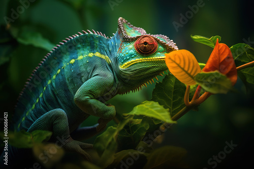 Chameleon in the foreground  with the jungle in the background. Nature. generate by ai