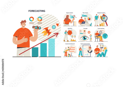 Business forecast set. Employee planning a new project, start up or marketing