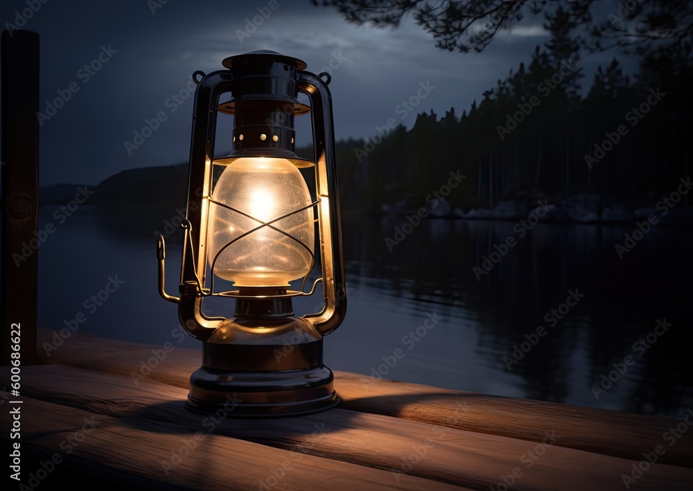 Old kerosene lantern with warm yellow light on a bridge by a lake in the evening. Burning lantern on a stone in the moonlight created with Generative AI technology