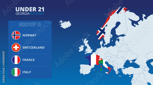 Map of Europe with marked maps of countries participating in group D of the European Under 21 football tournament 2023.