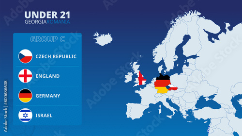 Map of Europe with marked maps of countries participating in group C of the European Under 21 football tournament 2023.