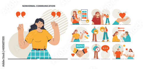 Non-verbal communication set. Body language through interpersonal