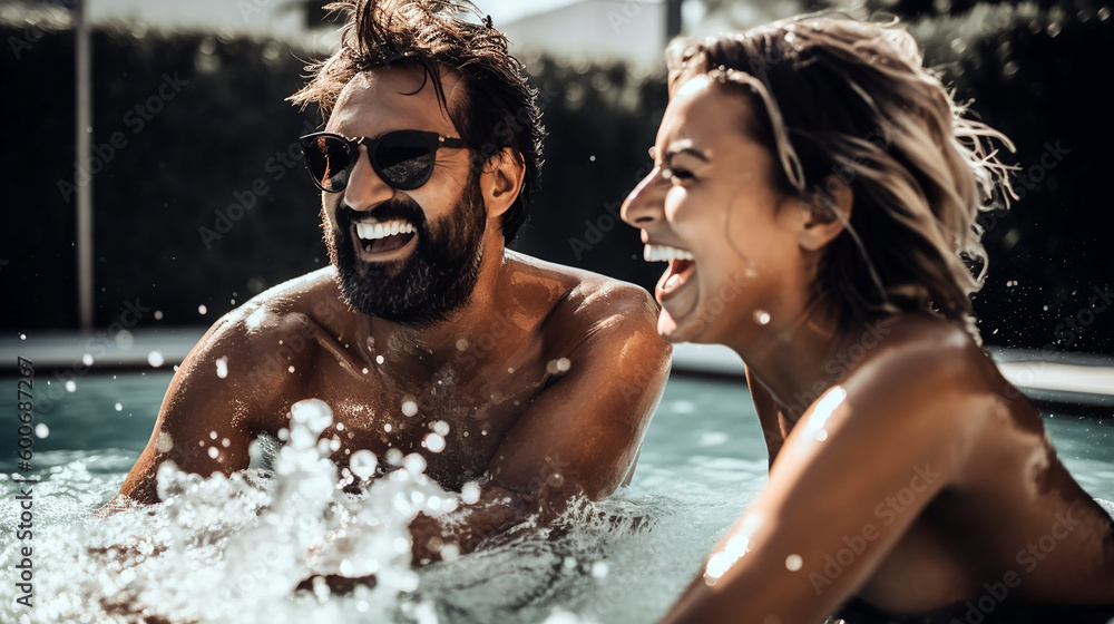 Obraz premium Happy couple having fun in the pool and enjoy the summer. Smiling and laughin at sunshine. Generative Ai