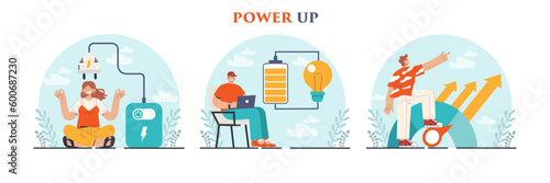 Power up concept set. Energetic character with enthusiasm. Vital energy