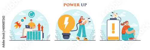 Power up concept set. Energetic character with enthusiasm. Vital energy