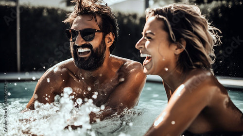 Happy couple having fun in the pool and enjoy the summer. Smiling and laughin at sunshine. Generative Ai