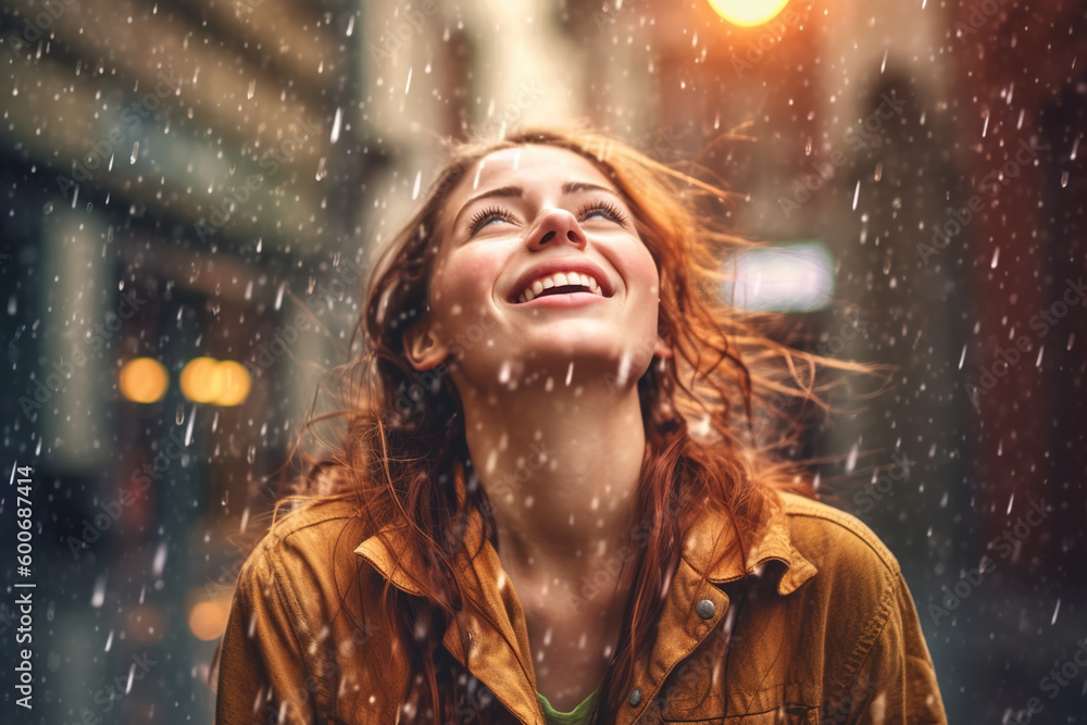 Smiling woman under the rain. Seasonal rains. precipitation. generate by ai Smiling woman under the rain. Seasonal rains. precipitation. generate by ai