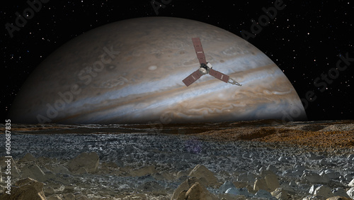 Satellite Europa, Jupiter's moon with Juno spacecraft   