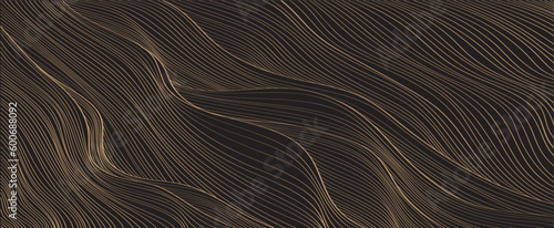 Hand drawn wave element with Japanese pattern vector. Oriental gold line decoration with black banner design, flyer or presentation in vintage style. Ocean sea elements. Mountain landscape background