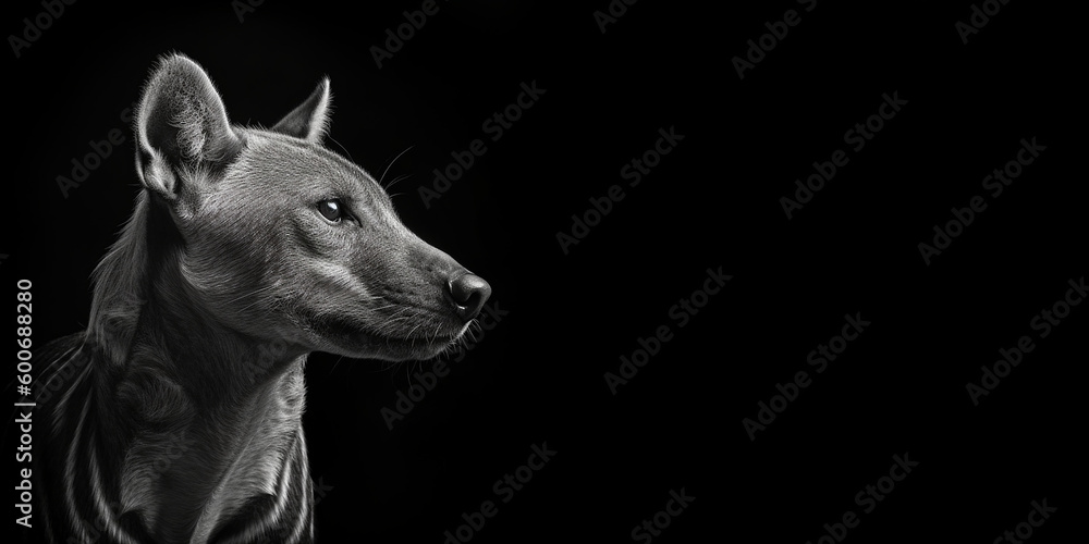 Fototapeta premium Black and white photorealistic studio portrait of an extinct Tasmanian Tiger Thylacine on black background. Generative AI illustration