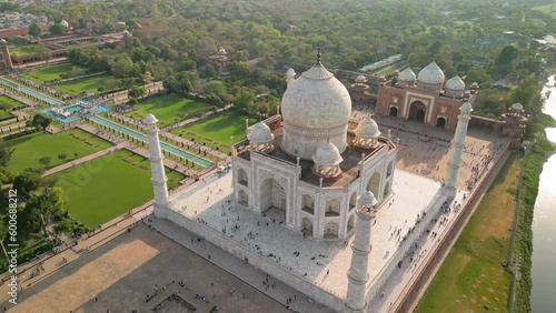 Taj Mahal, India: Aerial view of of iconic monument in city Agra (Uttar Pradesh), famous marble mausoleum on right bank of river Yamuna - landscape panorama of South Asia from above