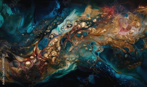 Currents of translucent hues, snaking metallic swirls, and foamy sprays of color shape the landscape, generative AI