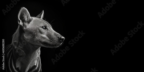 Black and white photorealistic studio portrait of an extinct Tasmanian Tiger Thylacine on black background. Generative AI illustration © JoelMasson