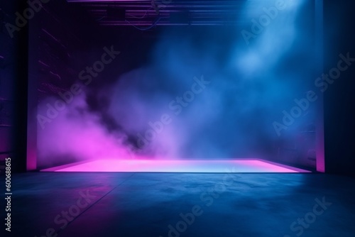 smoke fog room light space blue rays neon texture background abstract. Generative AI.