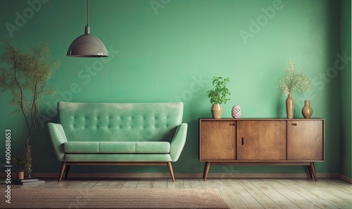 Green mint wall with sofa and sideboard on wood floor interior, generative AI