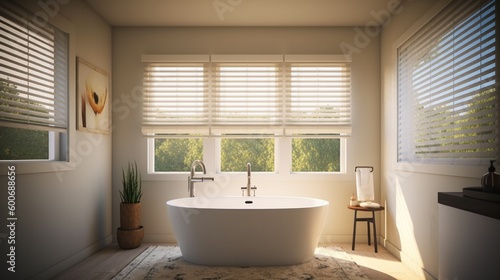 A high-end, spacious bathroom with a large, freestanding bathtub in front of a window, complemented by white towels and cushions. AI-Generated © Ryan Carter Images