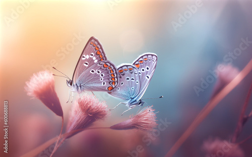 Two butterflies sitting on purple flowers. Generative AI.