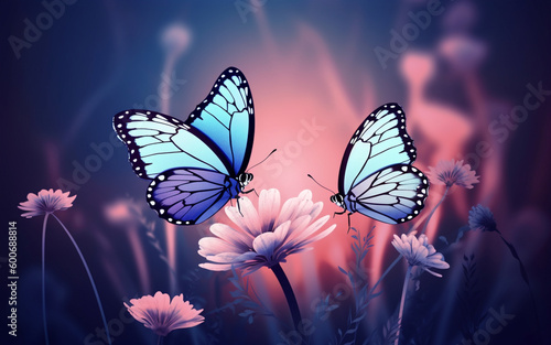 Two butterflies sitting on purple flowers. Generative AI.