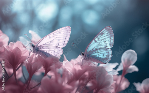 Two butterflies sitting on purple flowers. Generative AI.